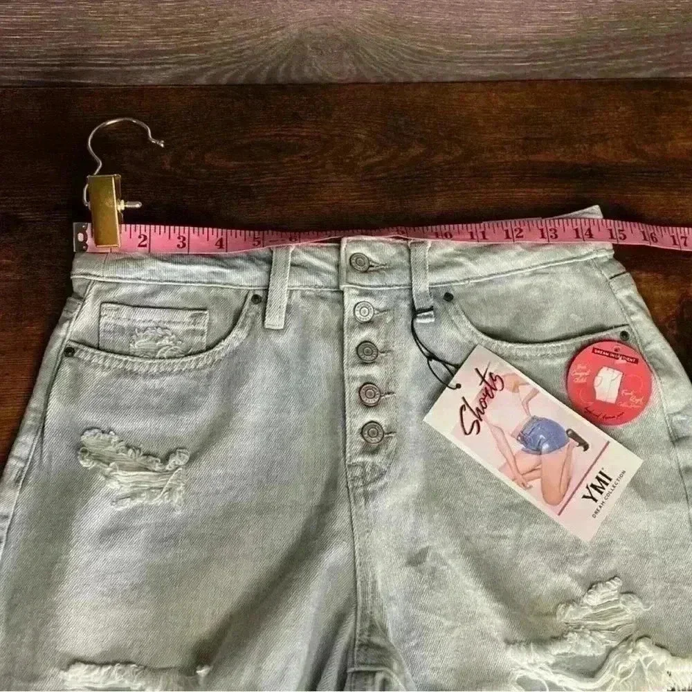 YMI Dream Distressed Button Fly Hybrid Denim Short in Celeste Blue. Size 9. NWT! - Picture 14 of 16